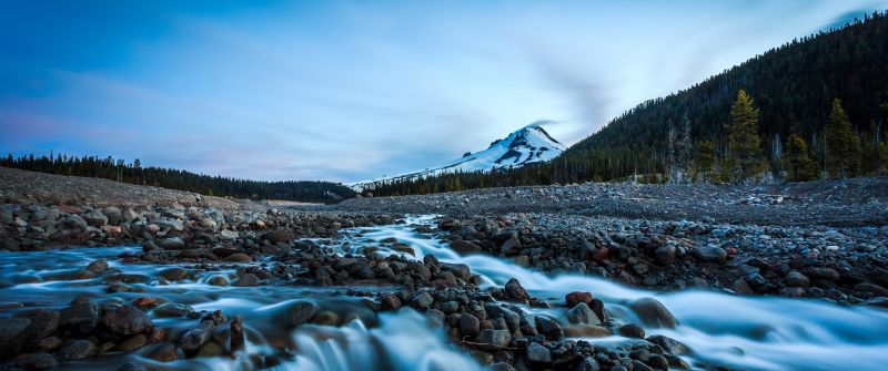 Mount Hood, Oregon, Landscape, Early Morning, Rocks, Water Stream, Long exposure, Green Trees, Blue Sky, Snow covered, Glacier mountains, 5K