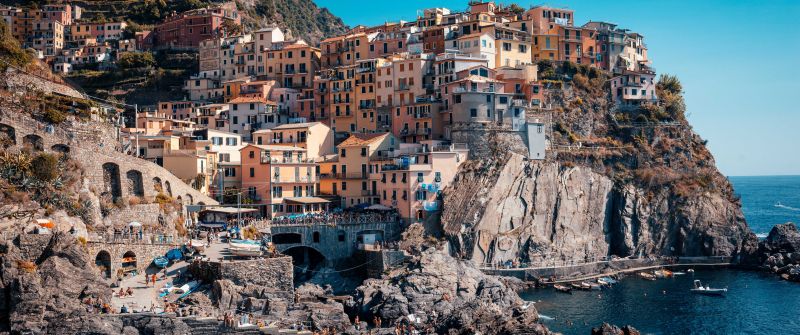 Cinque Terre, Coastline, Buildings, Town, Rocks, Harbor, Cliff, Italy, 5K