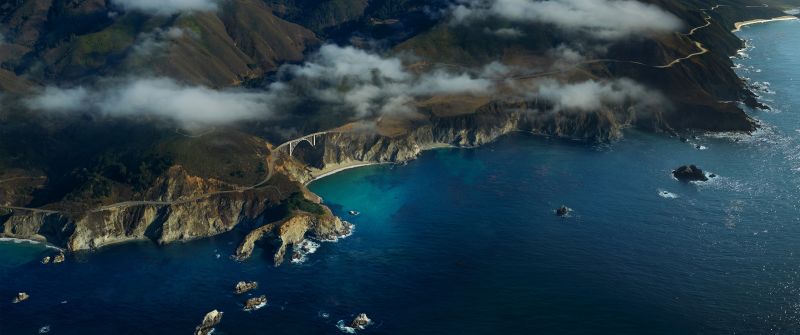 Coastline, macOS Big Sur, Aerial view, Above clouds, Seascape, Mountains, Stock, 5K