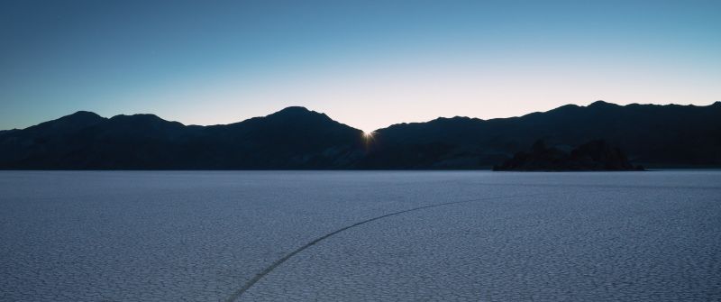 macOS Mojave, Desert, Sunrise, Mountains, Clear sky, Panoramic, Landscape, 5K