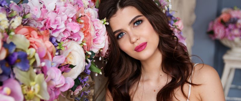 Beautiful girl, Fashion, Makeup, Flower bouquet, Portrait