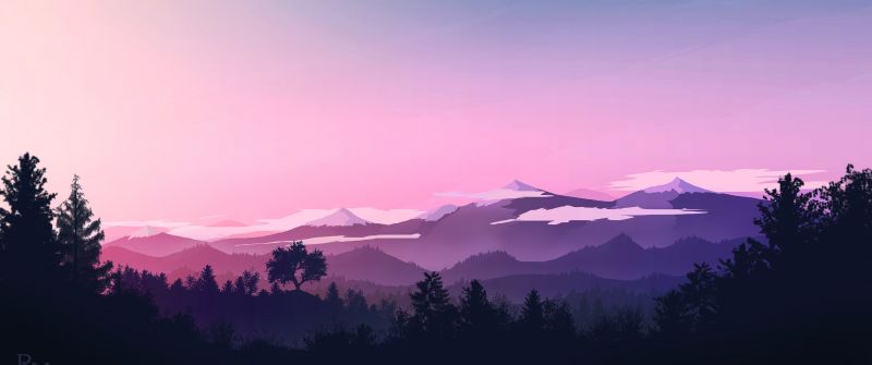 Moon, Evening sky, Mountains, Forest, Silhouette, Pink sky