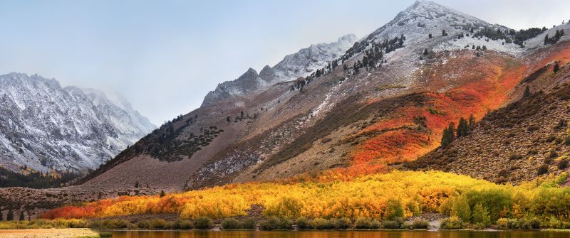 macOS High Sierra, Mountains, Stock, Landscape, Foggy, Autumn, Scenery, 5K