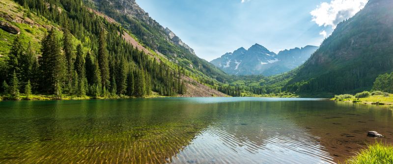 Marron Bells, Elk Mountains, Maroon Peak, Colorado, Lakes, Landscape, Clear water, Reflection, Scenery, 5K