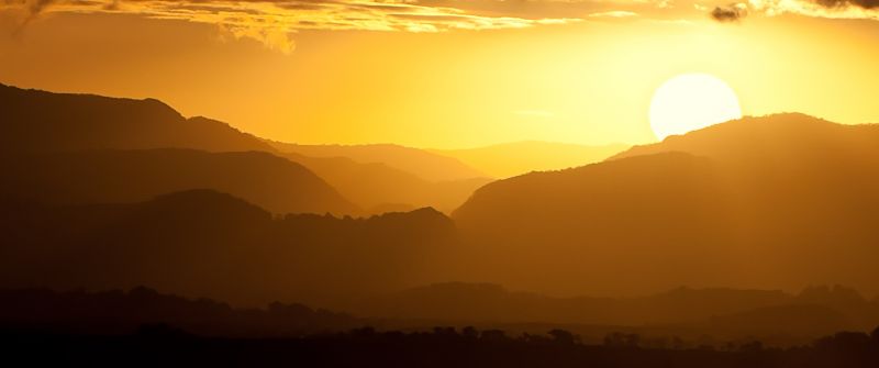 Serene, Sunset, Landscape, Mountains, Yellow sky, Silhouette