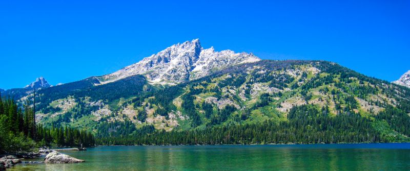 Emerald Lake, Grand Teton National Park, Wyoming, Blue Sky, Clear water, Rocks, Landscape, Scenery, Green Trees, Daytime