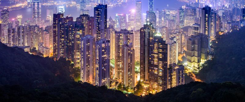 Victoria Peak, Hong Kong City, Cityscape, Night time, City lights, Landscape, Skyline, Skyscrapers, Harbor, 5K, 8K