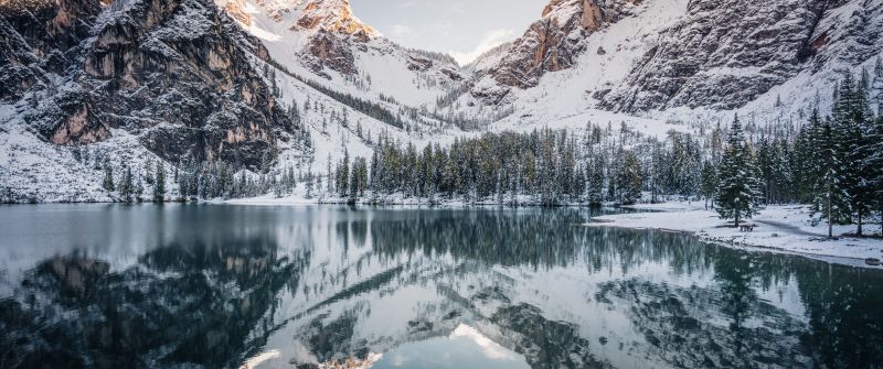 Pragser Wildsee, Snow covered, Italy, Glacier mountains, Reflection, Mirror Lake, Landscape, Peaks, Mountain range, Winter, 5K, 8K