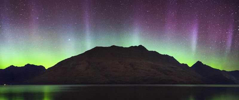 Cecil Peak, New Zealand, Aurora Borealis, Northern Lights, Starry sky, Night time, Lake Wakatipu, Reflection, Landscape, 5K