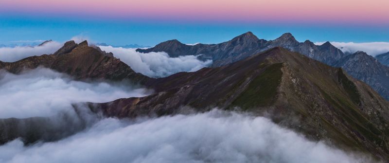 Mountain range, Sunrise, Mountain Peaks, Davos, Switzerland, White Clouds, Aerial view, Beautiful, 5K