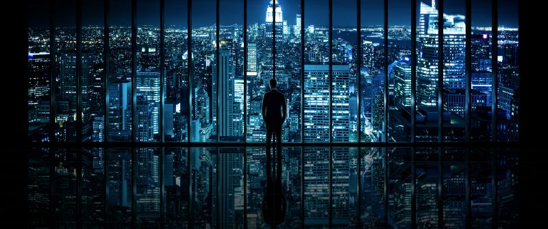 Gotham, Cityscape, City lights, Standing, Man, Reflection, Pattern, Skyscrapers, Night time, New York City