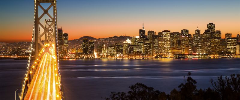 Oakland Bay Bridge, Illuminated, San Francisco, Cityscape, City lights, Landmark, California, Long exposure, Dusk, Body of Water, Clear sky, Skyscrapers, City Skyline