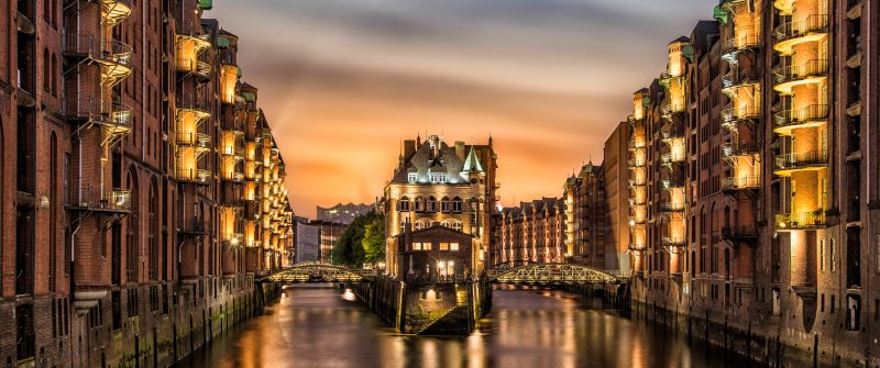 Hamburg architecture, Germany, City lights, Sunset, Long exposure, Body of Water, Reflection, Warehouse district, Castle