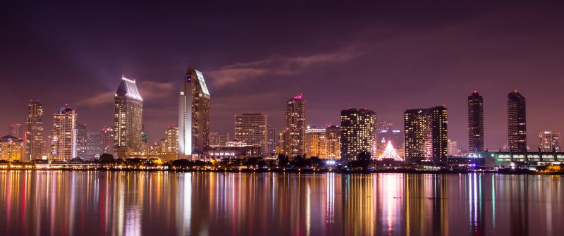 San Diego City, Skyline, Cityscape, City lights, Night time, Body of Water, Reflection, Long exposure, Skyscrapers, California, Purple sky