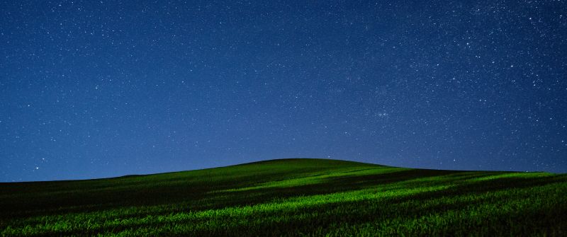 Palouse region, Washington State, Green Meadow, Night time, Starry sky, Landscape, Long exposure, Scenery, Grass field