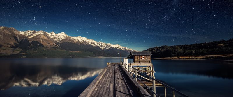 Lake Wakatipu, Pier, New Zealand, Mountain range, Snow covered, Reflection, Glacier mountains, Wooden House, Starry sky, Landscape, Scenery
