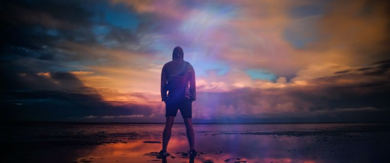 Standing Man, Beach, Body of Water, Planet Earth, Silhouette, Cloudy Sky, Outdoor, Dusk, Sunrise, Reflection, 5K