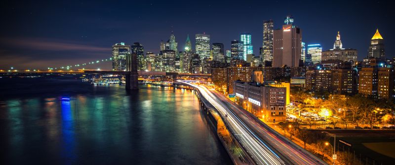 Manhattan Skyline, Cityscape, Brooklyn Bridge, City lights, New York, Light trails, Long exposure, Stars, Night sky, Skyscrapers, Body of Water