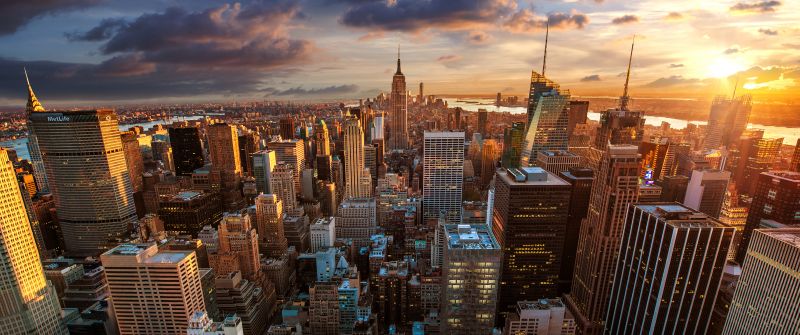 New York City, Evening sky, Aerial view, Cityscape, Skyline, Sunset, Landmark, Skyscrapers, Cloudy Sky, Sunlight