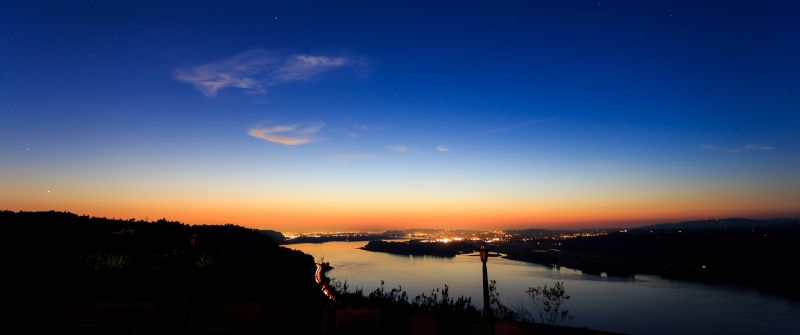 Columbia River Gorge, Portland, Sunset Orange, Blue Sky, Clear sky, Silhouette, Dusk, Stars