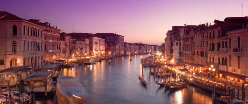 Venice city, Cityscape, City lights, Purple sky, Moon, Boats, Sunset, Body of Water, Long exposure