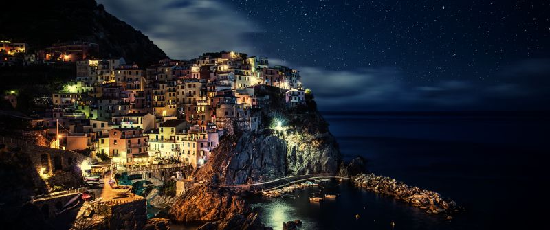 Manarola, Town, Cinque Terre, Night time, Seascape, Starry sky, Boats, Long exposure, Tourist attraction