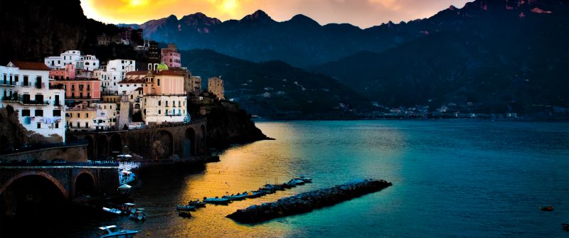 Tyrrhenian Sea, Amalfi, Italy, Cliffs, Mountain range, Seascape, Boats, Body of Water, Long exposure, Sunset, Landscape