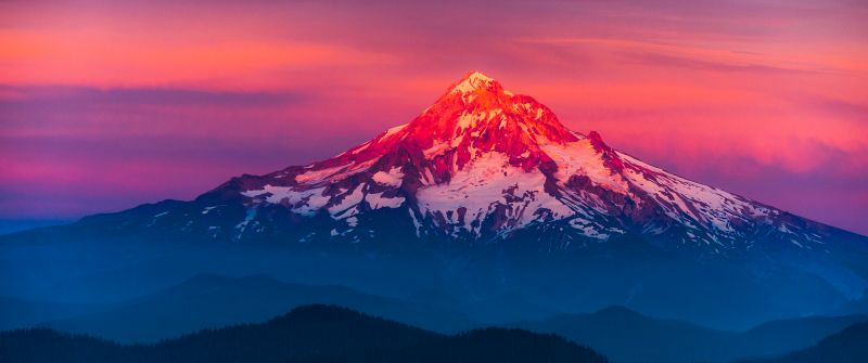 Mount Hood, Alpenglow, Oregon, Sunset, Pink sky, Mountain Peak, Glacier mountains, Snow covered, Landscape, Scenic, Beautiful
