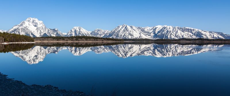 Grand Teton National Park, Wyoming, Landscape, Mirror Lake, Reflection, Blue Sky, Body of Water, Glacier mountains, Snow covered, Scenery