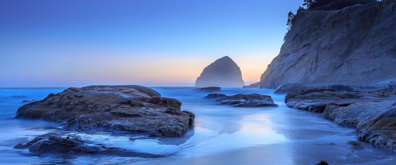 Haystack Rock, Sunset, Oregon, Rocky coast, Cliff, Seascape, Horizon, Landscape, Cannon Beach, Long exposure, Clear sky