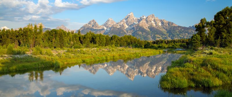 Teton Range, Rocky Mountains, Wyoming, USA, Mirror Lake, Reflection, Beaver ponds, Clouds, Blue Sky, Clear sky, Green Trees, Landscape, Scenery