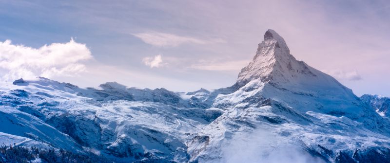 Matterhorn, Switzerland, Italy, Snow covered, Fog, Landscape, Mountain Peak, Winter, Sunrise, Early Morning