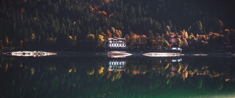 Lake Molveno, Italy, Lakeside, Wooden House, Green Trees, Reflection, Forest, Landscape, 5K