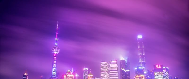 Oriental Pearl Tower, Shanghai Tower, China, Cityscape, City lights, Night time, Purple sky, Reflection, Skyscrapers, Landscape, Skyline, 5K