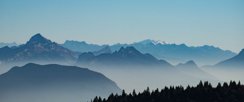 French Prealps, Mountain range, Foggy, Morning, Serene, Clear sky, French Prealps, France, 5K