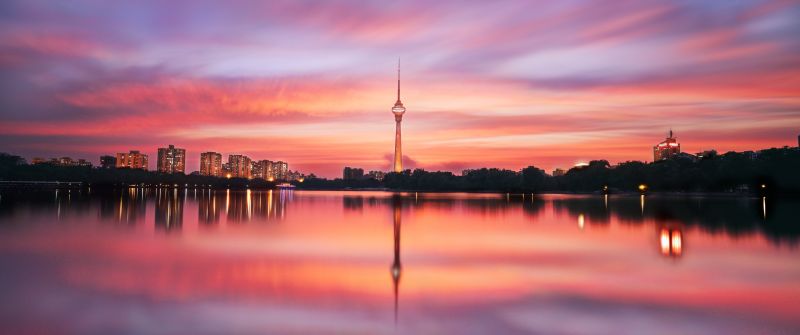 China Central TV Tower, Beijing, China, Body of Water, Silhouette, Reflection, Purple sky, Sunset, 5K, 8K