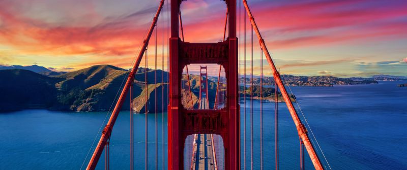 Golden Gate Bridge, Aesthetic, California, USA, Sunset, Colorful Sky, Suspension bridge, Bay Area, Famous Place, Landmark, Aesthetic, 5K
