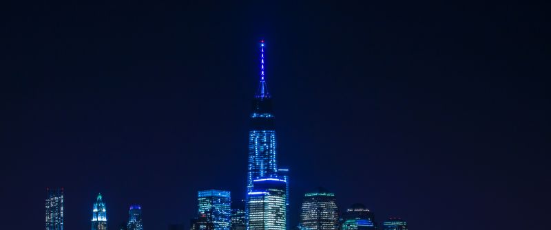 New York City, City Skyline, Cityscape, City lights, Dark background, Night time, Body of Water, Reflection, Skyscrapers, 5K, 8K