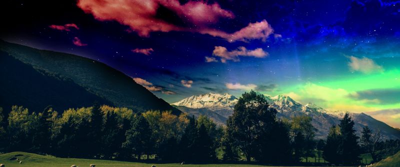 Green Meadow, Grass field, Glacier mountains, Snow covered, Mystical Sky, Stars, Moon, Digital composition, Landscape, Green Trees, 5K