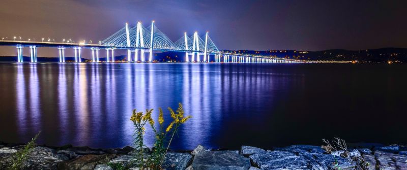 Cable-stayed bridge, Body of Water, Night time, Reflection, Sunset, Dawn, Landscape, River, 5K