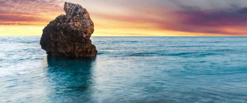 Lefkada Island, Greece, Milos Beach, Sunset, Seascape, Lone rock, Orange sky, Horizon, Long exposure, Scenery