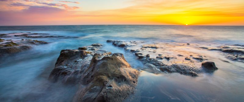 Rocky coast, Sunset, Seascape, Sunset Orange, Horizon, Clear sky, Long exposure, Ocean blue