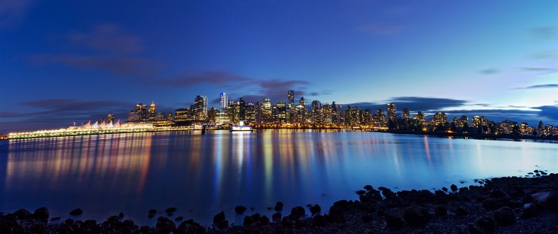 Vancouver City, British Columbia, Dusk, Cityscape, City lights, Canada, Coastal, Night time, Blue Sky, Body of Water, Reflection, Skyscrapers