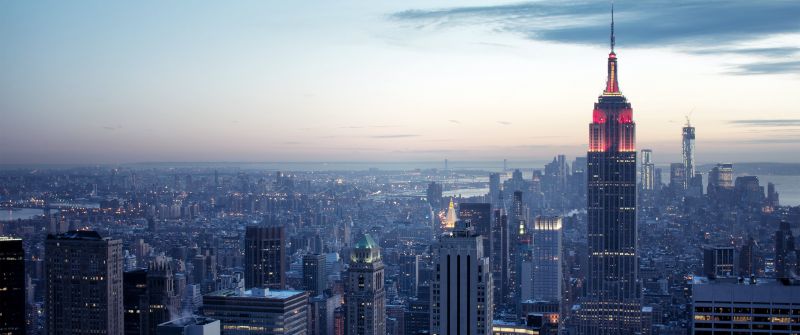 New York City, Sunset, Cityscape, City Skyline, Dusk, Skyscrapers, Aerial view, City lights