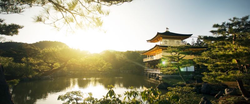 Kinkakuji Temple, Rokuon-ji, Buddhist temple, Kyoto, Japan, Sunset, Landmark, Lake, Ancient architecture, Tourist attraction, Golden temple, Green Trees, Landscape, Japanese architecture