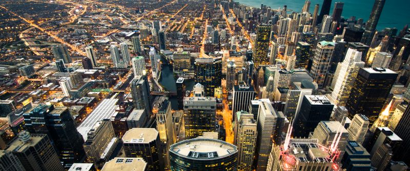 Chicago, Aerial view, Cityscape, City lights, Dusk, Skyscrapers, Skyline, Horizon, Landscape