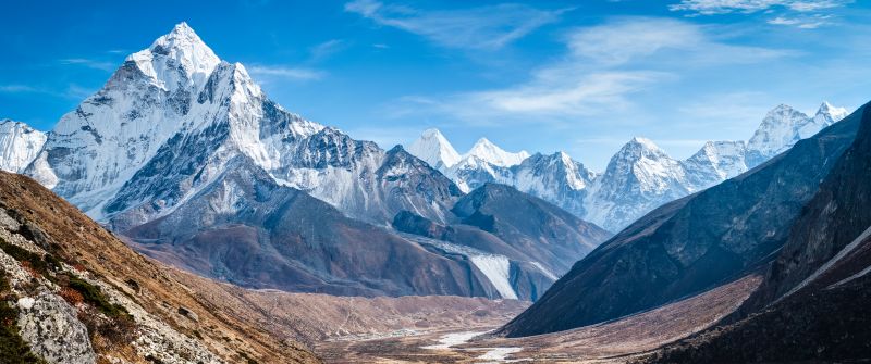 Mount Ama Dablam, Nepal, Mountain range, Glacier mountains, Snow covered, Blue Sky, Landscape, Mountain Peaks