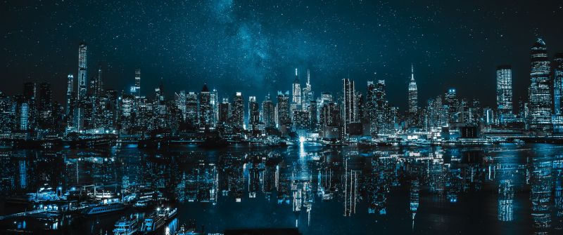 New York City, Panoramic, Cityscape, Night, City lights, Reflections, 5K