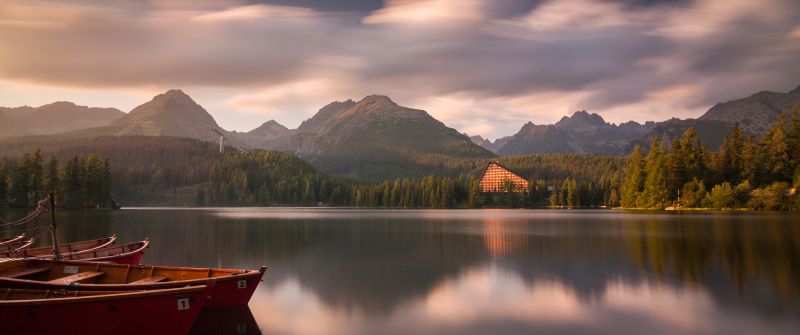 Strbske pleso, Tatra National Park, Slovakia, Boats, Lake, Landscape, Reflection, Mountain range, Lakeside, Wooden House, Long exposure