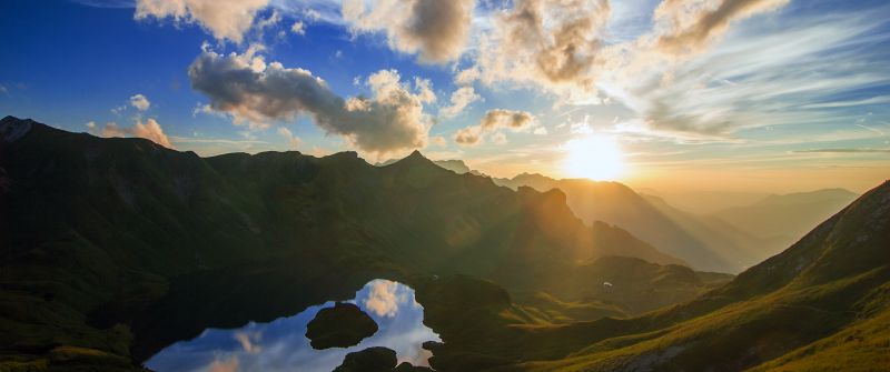 Schrecksee Lake, Germany, Sunset, Mirror Lake, Hinterstein, Landscape, Reflection, Sun rays, Mountain range, White Clouds